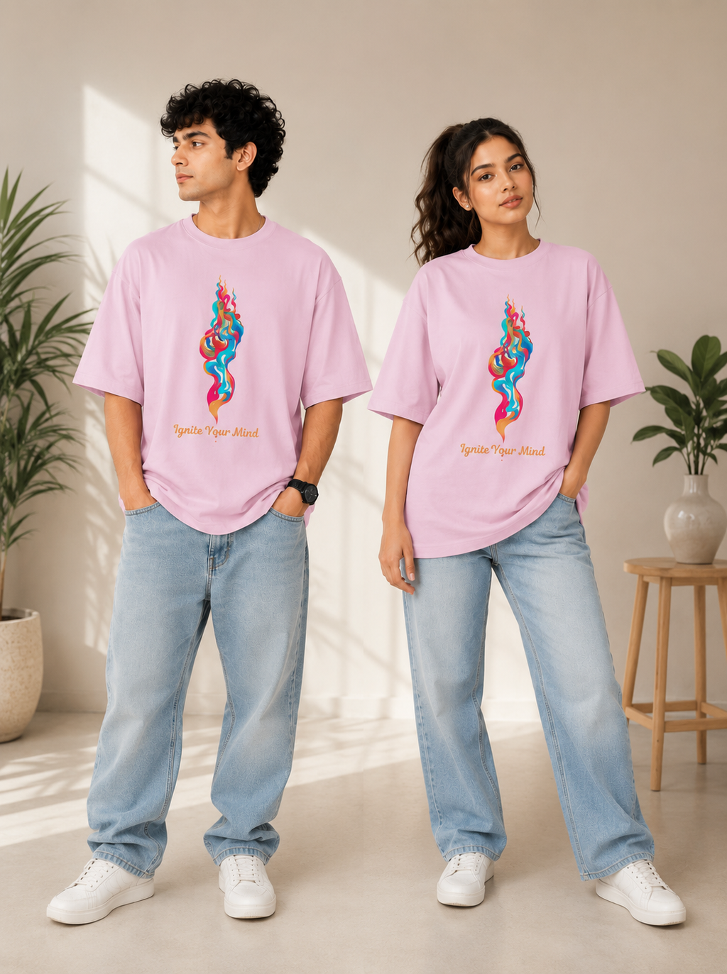 A man and a woman modeling matching light pink graphic t-shirts with a colorful abstract design and the text 'Spit Fire Art School' printed below, paired with light blue jeans and white sneakers in a brightly lit indoor setting.