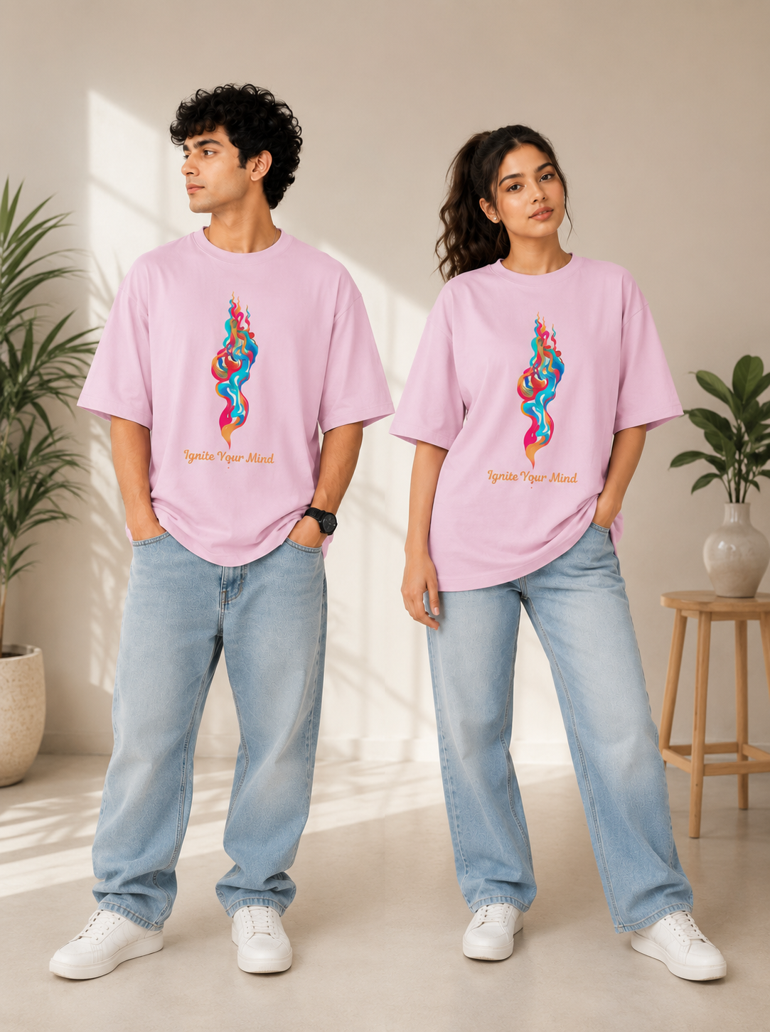 A man and a woman modeling matching light pink graphic t-shirts with a colorful abstract design and the text 'Spit Fire Art School' printed below, paired with light blue jeans and white sneakers in a brightly lit indoor setting.