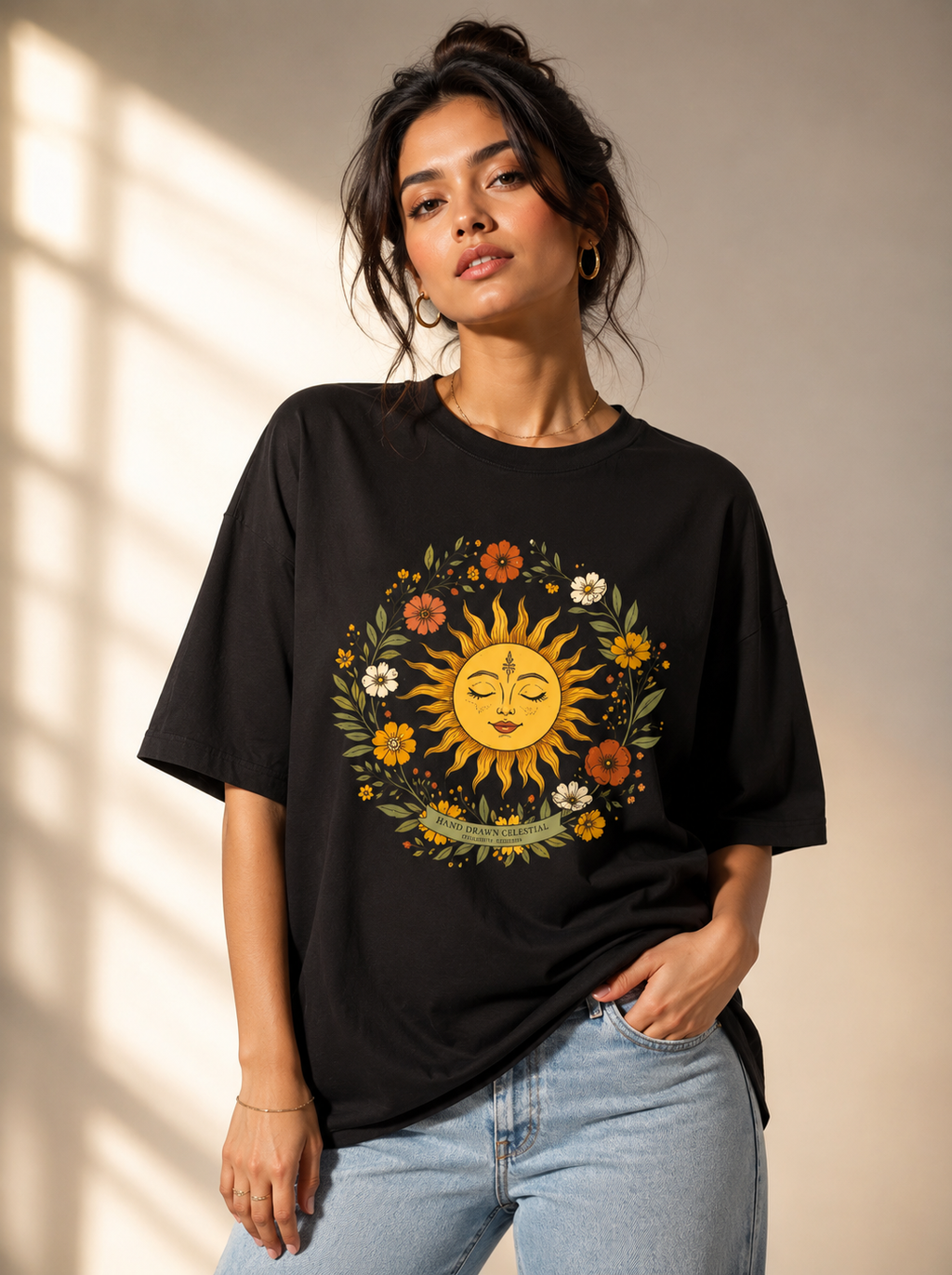 A woman wearing a black oversized graphic t-shirt with a colorful sun and floral wreath design, paired with light blue jeans, standing in a warmly lit room with window shadow patterns on the wall.