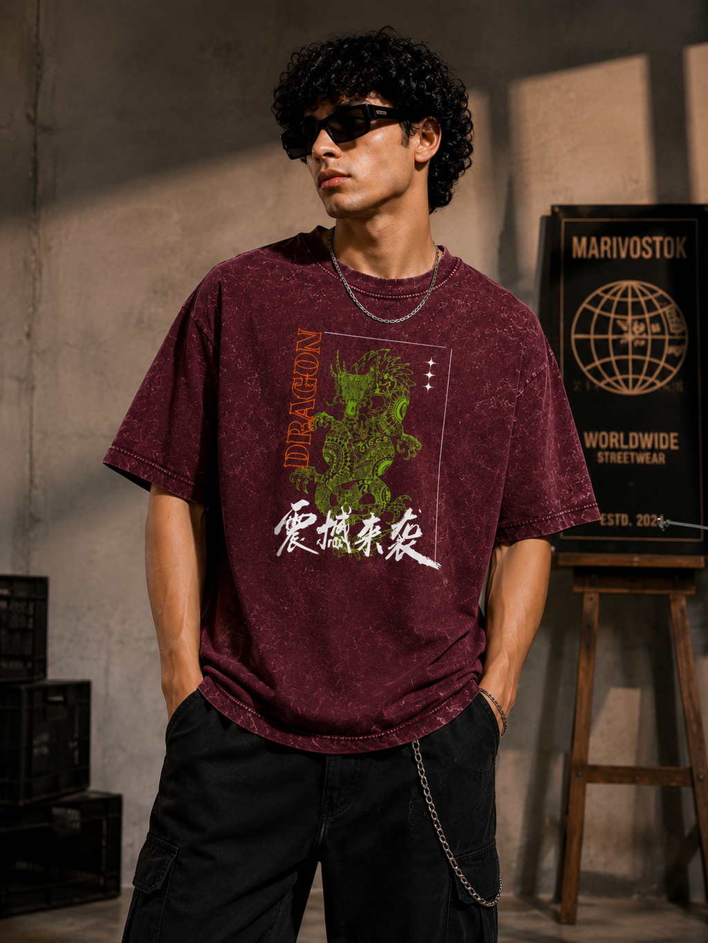 Person wearing a maroon t-shirt with graphic design and text, standing in a casual setting.