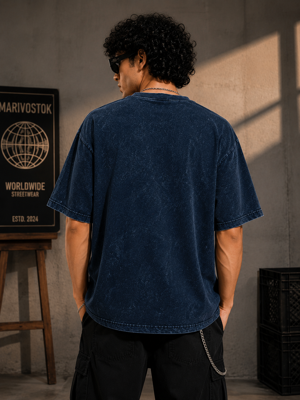 Indigo Dragon" Acid Wash Drop Shoulder Oversized T-Shirt (Navy Blue)