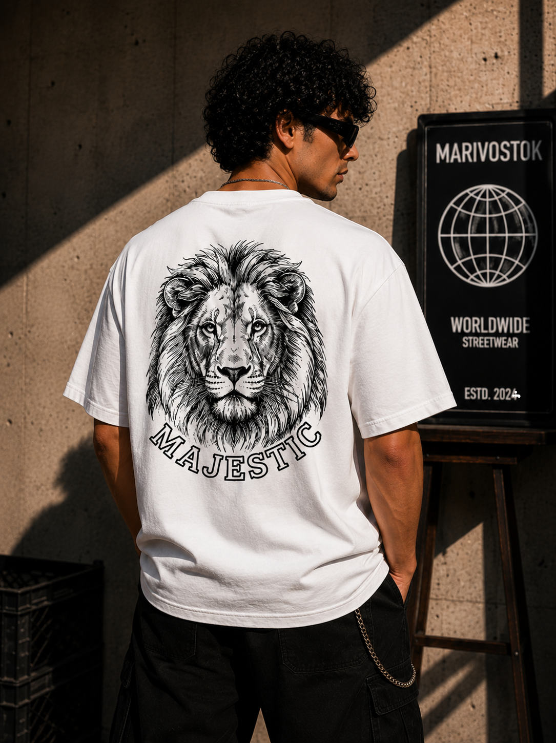 Person wearing a white t-shirt with a lion graphic and 'Majestic' text, standing against a textured wall.