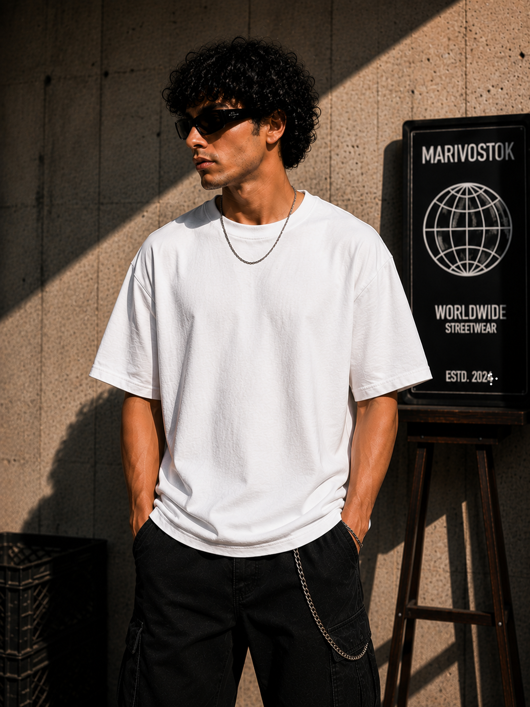 Man wearing a white t-shirt and sunglasses standing against a textured wall with a 'Marivostok' sign.