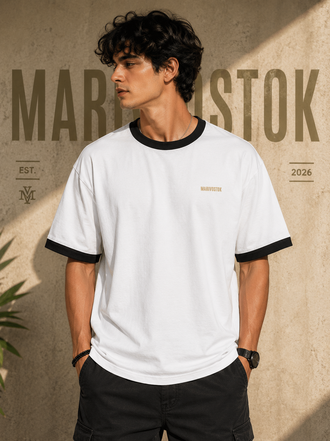 Man wearing a white t-shirt with black trim against a textured beige background with 'Marimekko' branding.