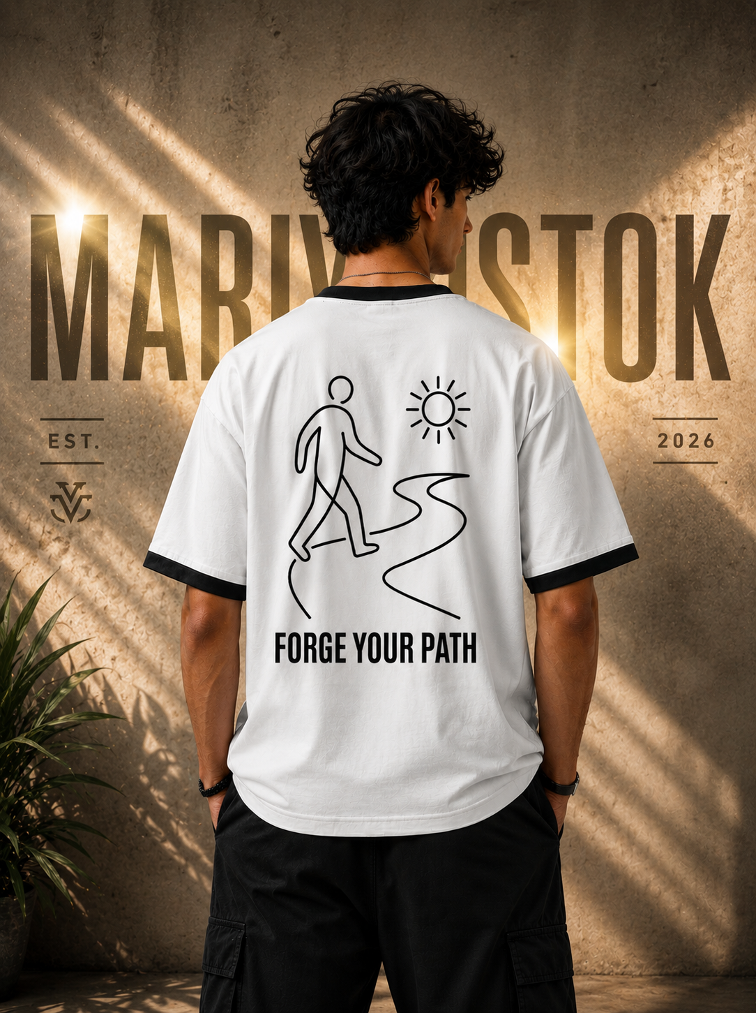 Person wearing a white t-shirt with 'Marivostok' branding and design, standing against a textured wall.