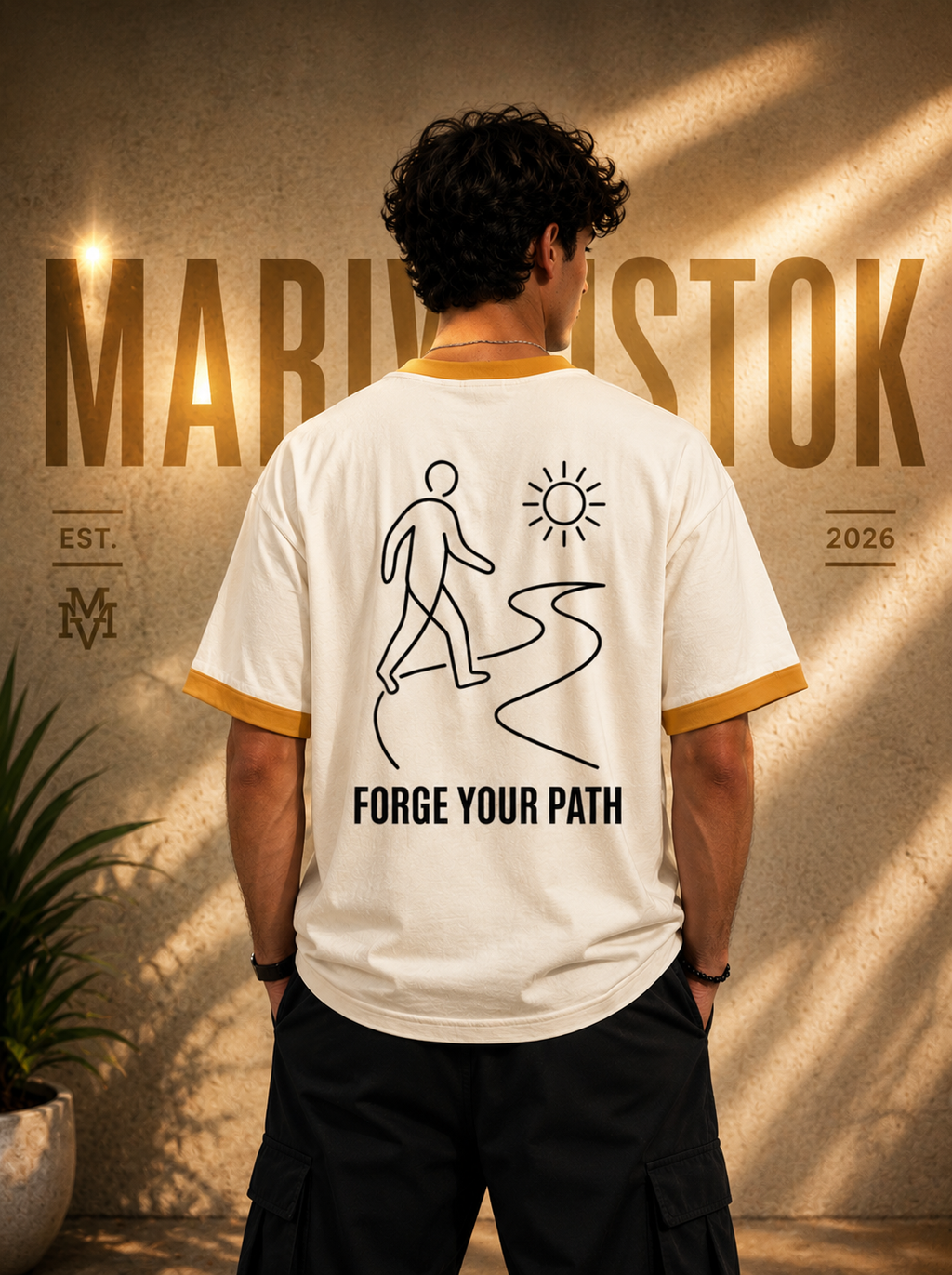 Person wearing a white t-shirt with graphics and text, standing in front of a branded wall.