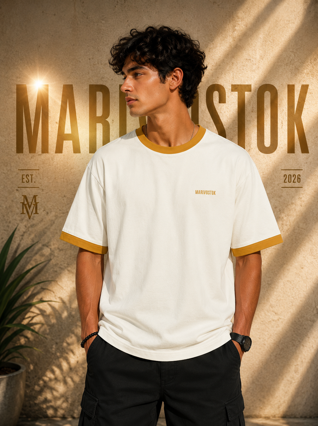 Man wearing a white t-shirt with gold accents standing against a textured wall with 'Marlostok' branding.