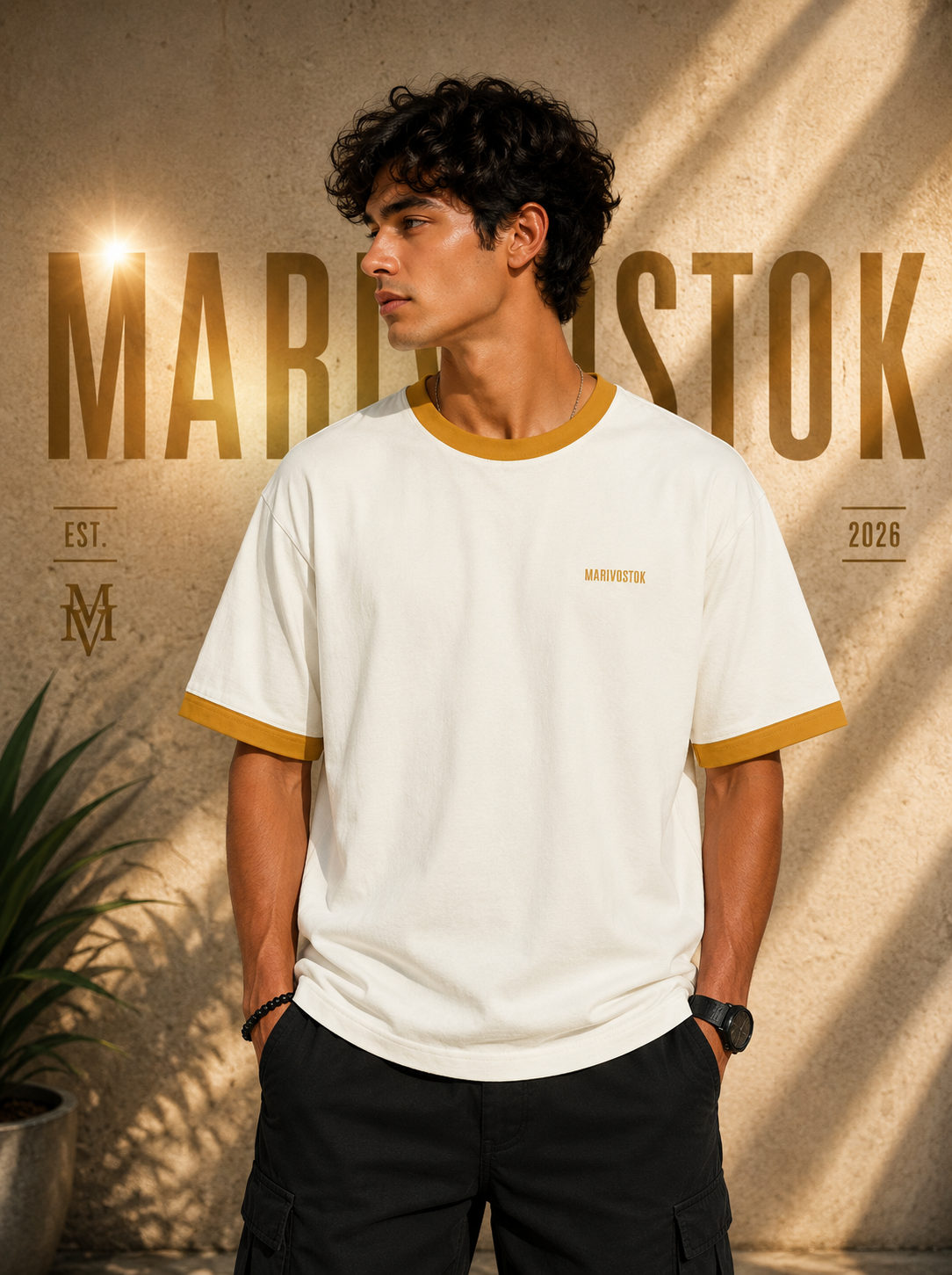 Man wearing a white t-shirt with gold accents standing against a textured wall with 'Marlostok' branding.
