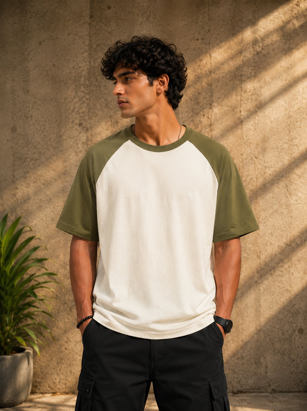 Heritage Raglan Oversized T-Shirt – Olive & Off-White | 100% Cotton