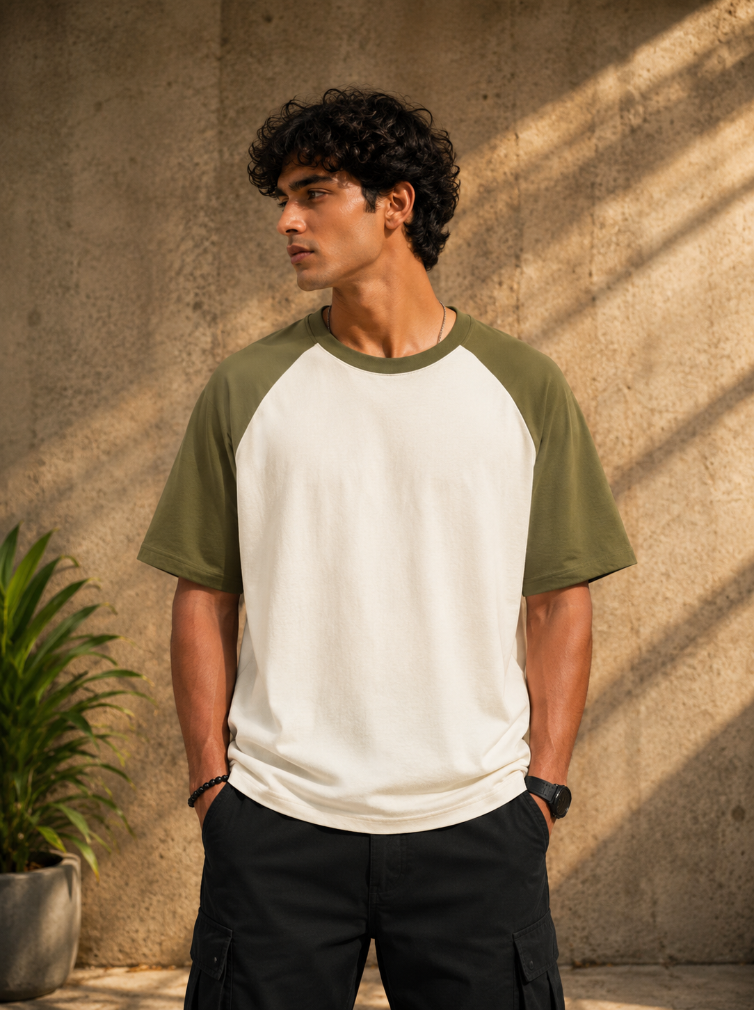 Heritage Raglan Oversized T-Shirt – Olive & Off-White | 100% Cotton