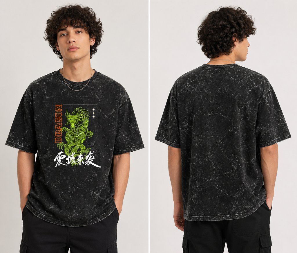 Black t-shirt with green graphic design worn by a person, shown from front and back.
