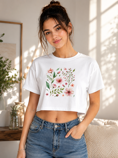 Woman wearing a white crop top with floral design and blue jeans indoors.